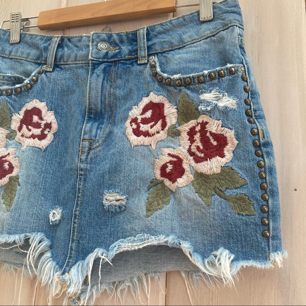 Free People Wild Rose Distressed Floral Embroidered Studded Denim Mini Skirt - Picture 5 of 12